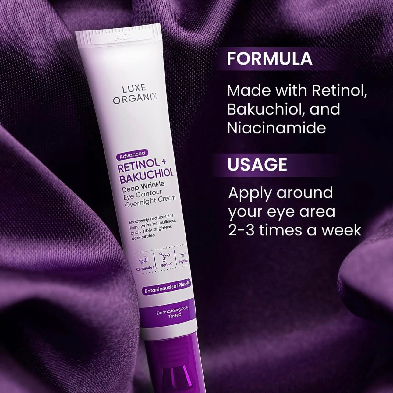 Luxe Organix Advanced Retinol + Bakuchiol Deep Wrinkle Eye Contour Overnight Cream 12g كريم لوكس أورجانيكس المتطور لعلاج التجاعيد العميقة حول العين مع الريتينول والباكوتشيول طوال الليل - Princess Cosmetics Qatar