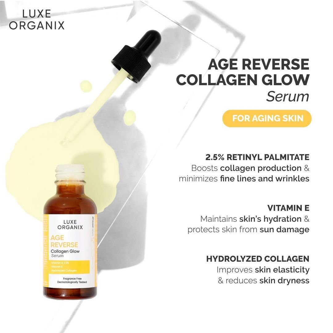 Luxe Organix Age Reverse Collagen Glow Serum 30ml سيروم لوكس أورجانيكس لتوهج الكولاجين المضاد لعلامات التقدم في السن - Princess Cosmetics Qatar