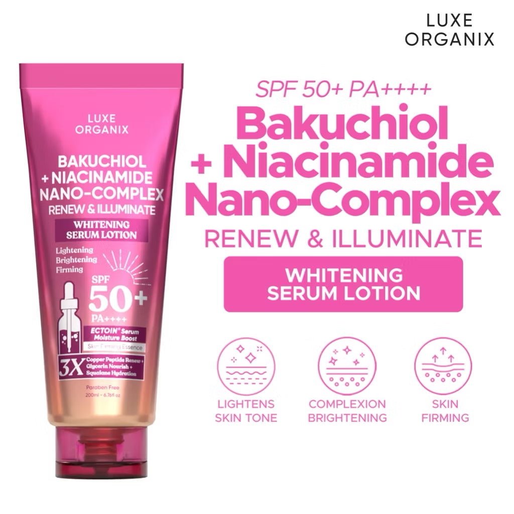 Luxe Organix Bakuchiol + Niacinamide Nano - Complex Renew & Illuminate Whitening Serum Lotion 200ml لوشن مصل لوكس أورجانيكس باكوتشيول + نياسيناميد نانو مركب تجديد وإضاءة - Princess Cosmetics Qatar