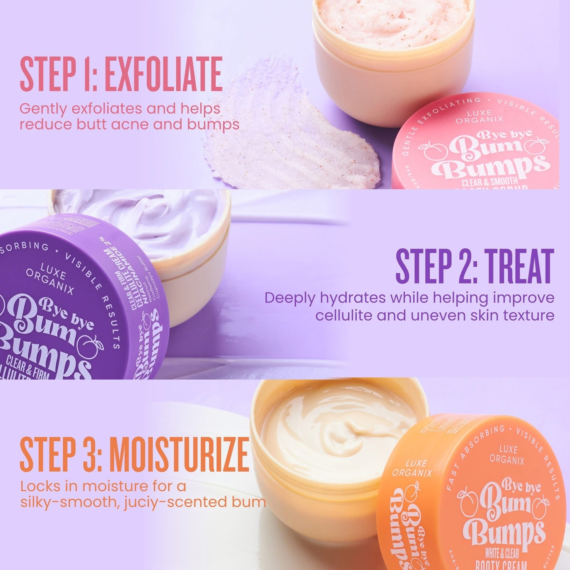 Luxe Organix Bye Bye Bum Bumps Clear & Firm Cellulite Cream 230g كريم لوكس أورجانيكس باي باي بامبس كلير آند فيرم لعلاج السيلوليت - Princess Cosmetics Qatar
