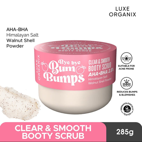 Luxe Organix Bye Bye Bum Bumps Clear & Smooth Booty Scrub 285g لوكس أورجانيكس باي باي بوم مقشر غنائم شفاف وسلس 285 جم - Princess Cosmetics Qatar