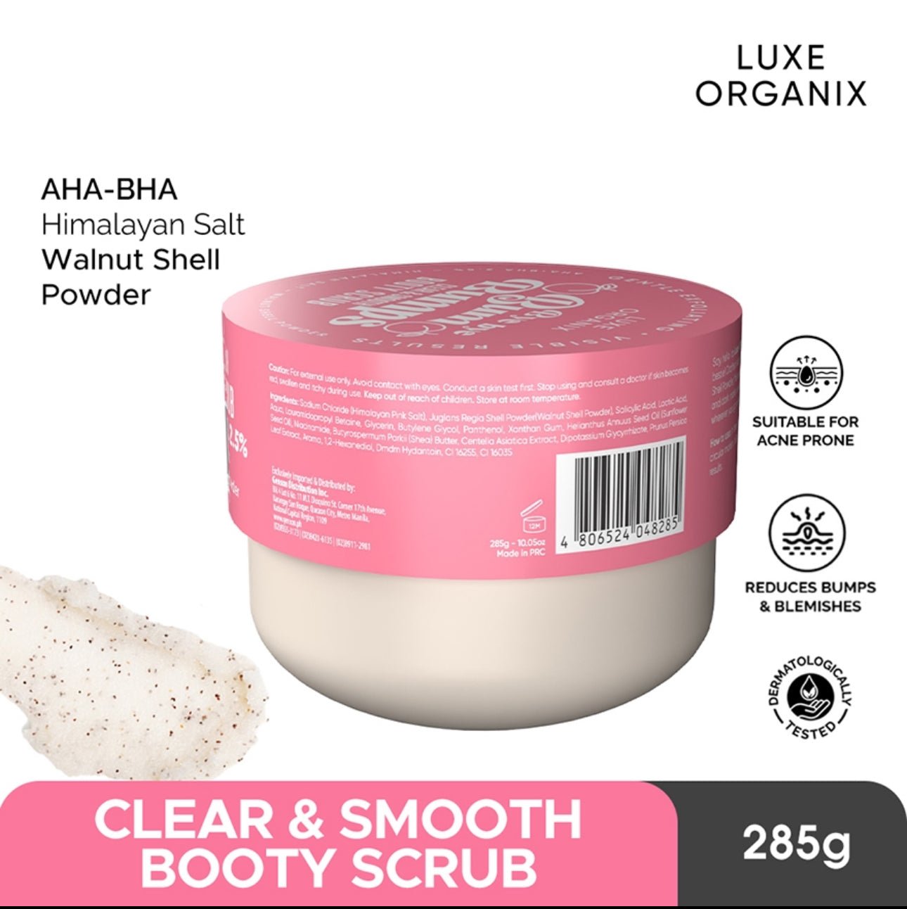 Luxe Organix Bye Bye Bum Bumps Clear & Smooth Booty Scrub 285g لوكس أورجانيكس باي باي بوم مقشر غنائم شفاف وسلس 285 جم - Princess Cosmetics Qatar