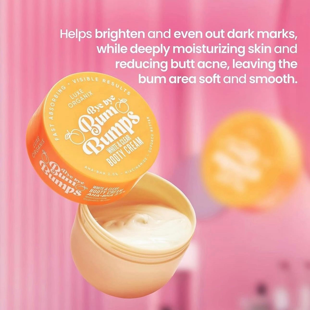 Luxe Organix Bye Bye Bum Bumps White & Clear Booty Cream 230g كريم لوكس أورجانيكس باي باي بوم بامبس وايت آند كلير بوتي - Princess Cosmetics Qatar