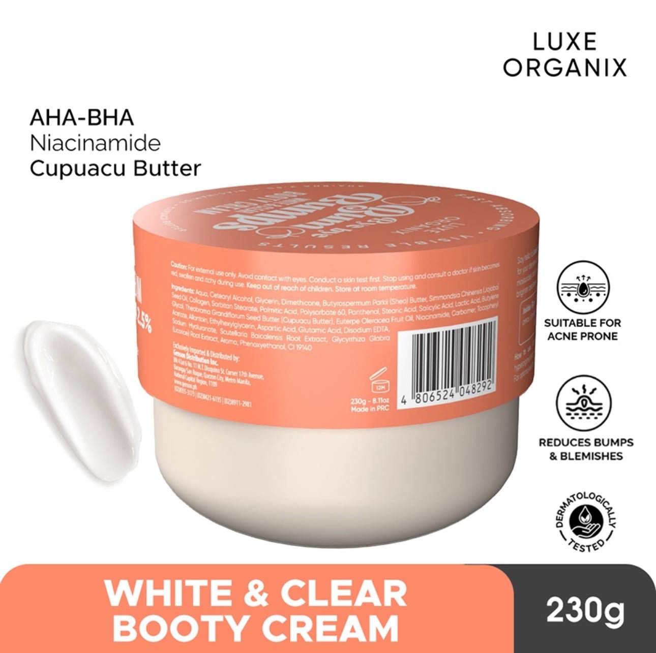 Luxe Organix Bye Bye Bum Bumps White & Clear Booty Cream 230g لوكس أورجانيكس باي باي بوم بومبس وايت آند كلير - كريم الغنائم 230 جم - Princess Cosmetics Qatar