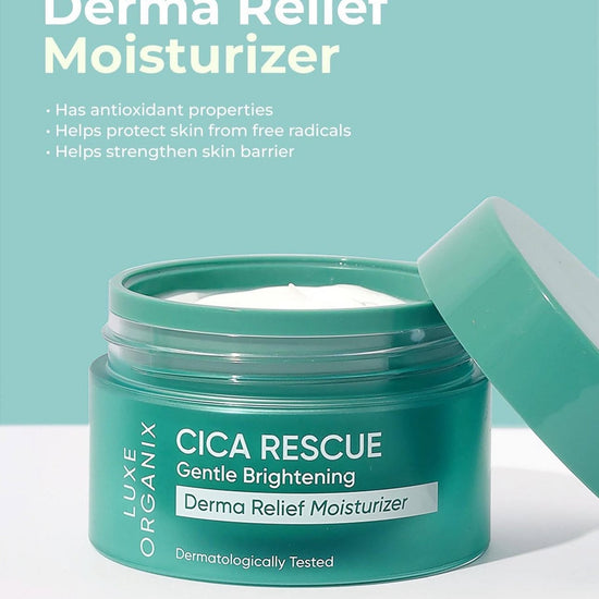 Luxe Organix Cica Rescue Gentle Brightening Derma Relief Moisturizer 50g مرطب لوكس أورجانيكس سيكا ريسكيو اللطيف لتفتيح البشرة وتخفيف آثارها - Princess Cosmetics Qatar