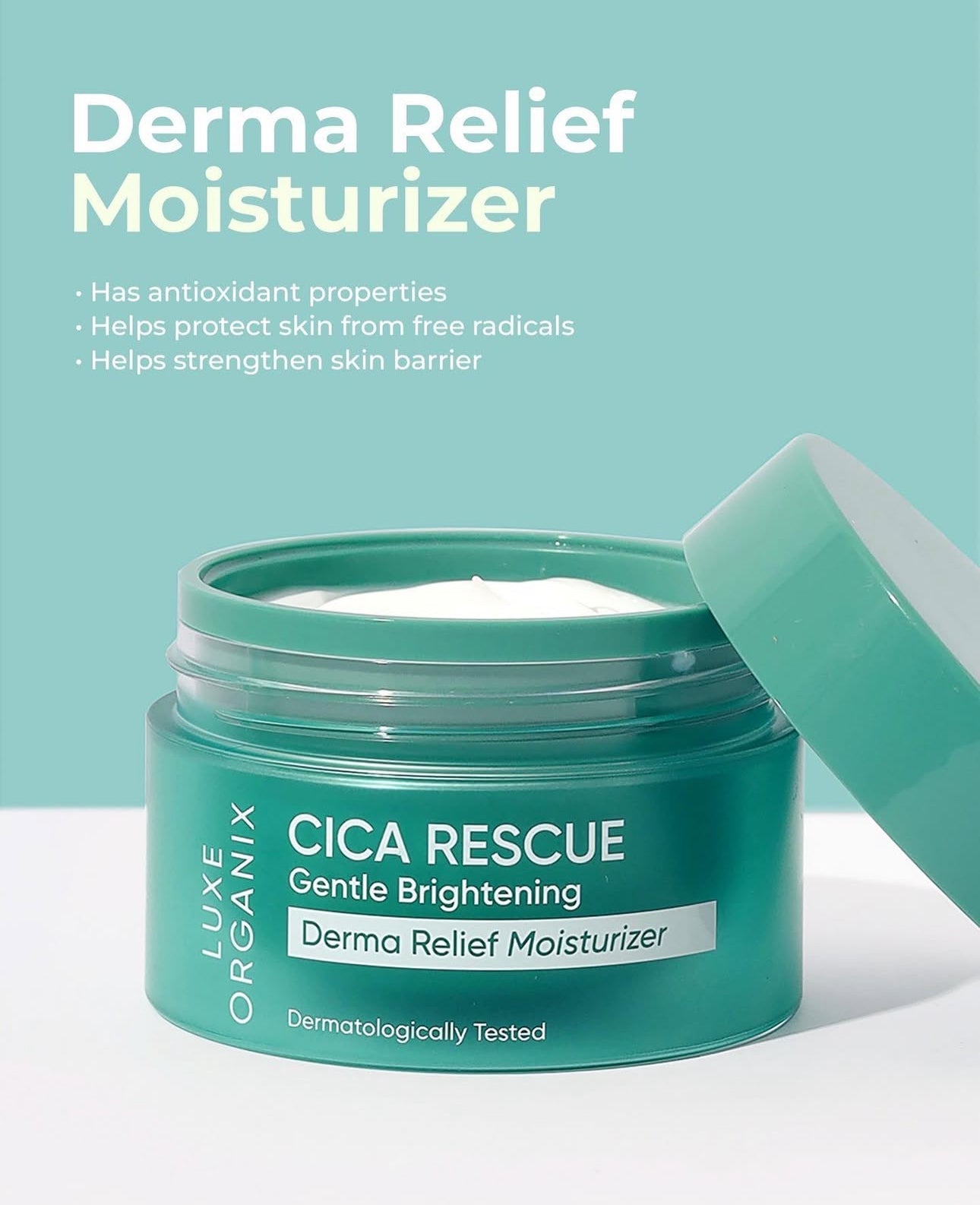 Luxe Organix Cica Rescue Gentle Brightening Derma Relief Moisturizer 50g مرطب لوكس أورجانيكس سيكا ريسكيو اللطيف لتفتيح البشرة وتخفيف آثارها - Princess Cosmetics Qatar