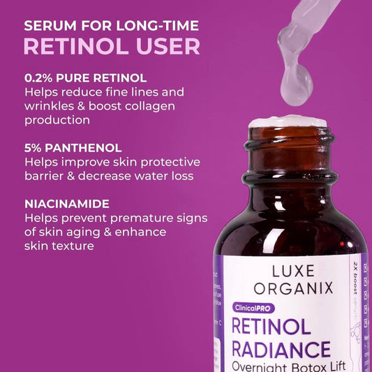 Luxe Organix Clinical Pro Retinol Radiance Serum 30ml سيروم لوكس أورجانيكس كلينيكال برو ريتينول لإشراقة البشرة - Princess Cosmetics Qatar