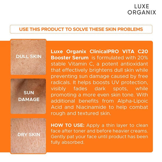 Luxe Organix Clinical Pro Vita C20 Booster Bright UV Defense Serum 30ml لوكس أورغانيكس كلينيكال برو فيتا C20 سيروم معزّز للإشراق وحماية من الأشعة فوق البنفسجية - Princess Cosmetics Qatar