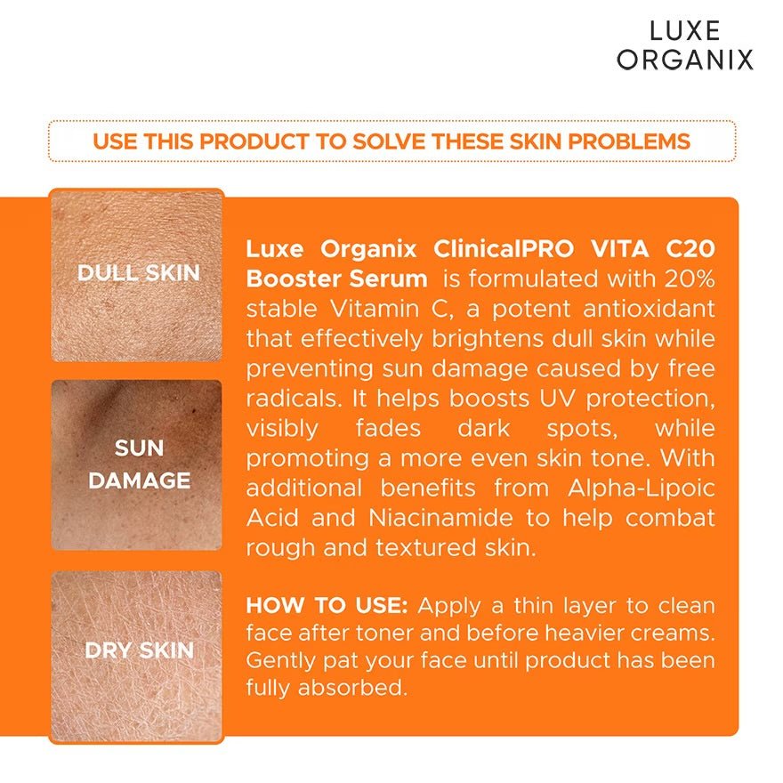 Luxe Organix Clinical Pro Vita C20 Booster Bright UV Defense Serum 30ml لوكس أورغانيكس كلينيكال برو فيتا C20 سيروم معزّز للإشراق وحماية من الأشعة فوق البنفسجية - Princess Cosmetics Qatar