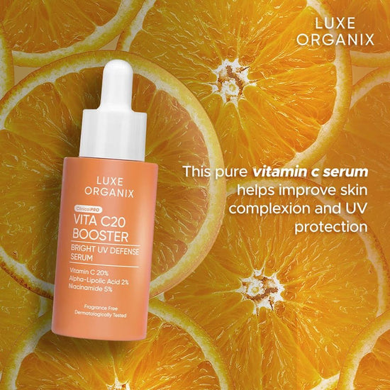 Luxe Organix Clinical Pro Vita C20 Booster Bright UV Defense Serum 30ml لوكس أورغانيكس كلينيكال برو فيتا C20 سيروم معزّز للإشراق وحماية من الأشعة فوق البنفسجية - Princess Cosmetics Qatar