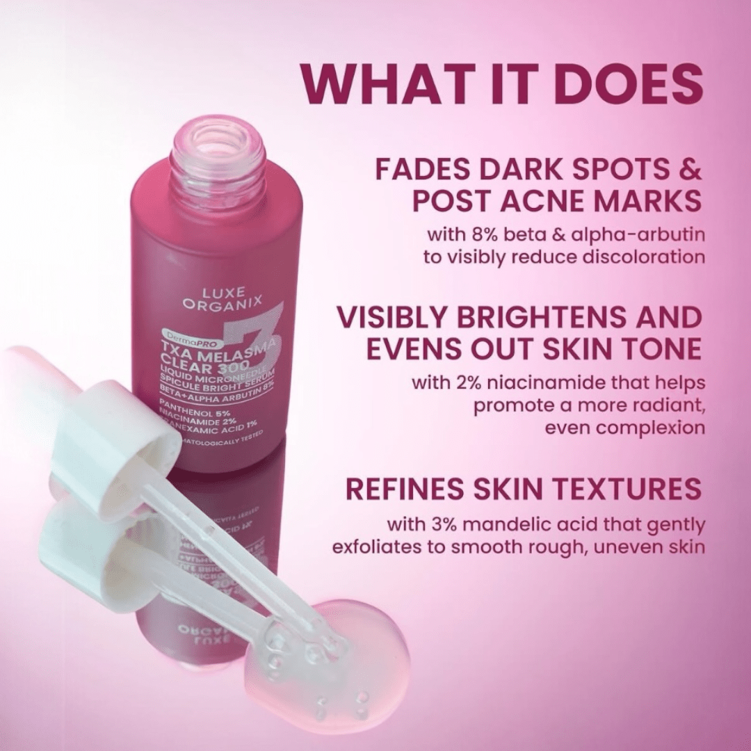 Luxe Organix Derma PRO Melasma Clear 300 Liquid Microneedle Soicule Bright Serum 30ml سيروم لوكس أورجانيكس ديرما برو ميلازما كلير 300 السائل بتقنية الإبر الدقيقة لتفتيح البشرة - Princess Cosmetics Qatar