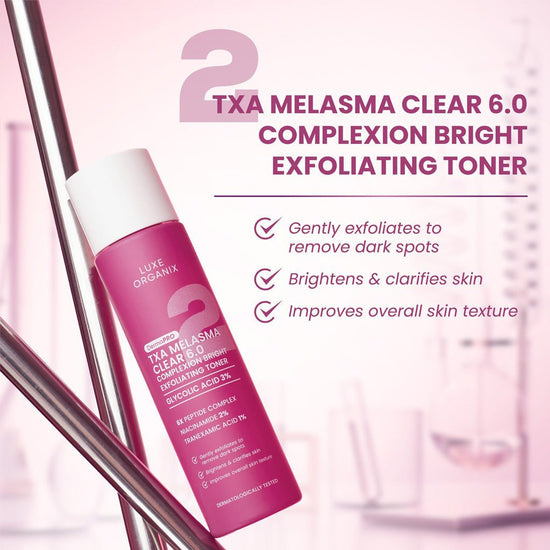 Luxe Organix Derma PRO TXA Melasma Clear 6.0 Complexion Bright Exfoliating Toner 150ml تونر مقشر ومفتح للبشرة من لوكس أورجانيكس ديرما برو تي إكس إيه لعلاج الكلف 6.0 - Princess Cosmetics Qatar