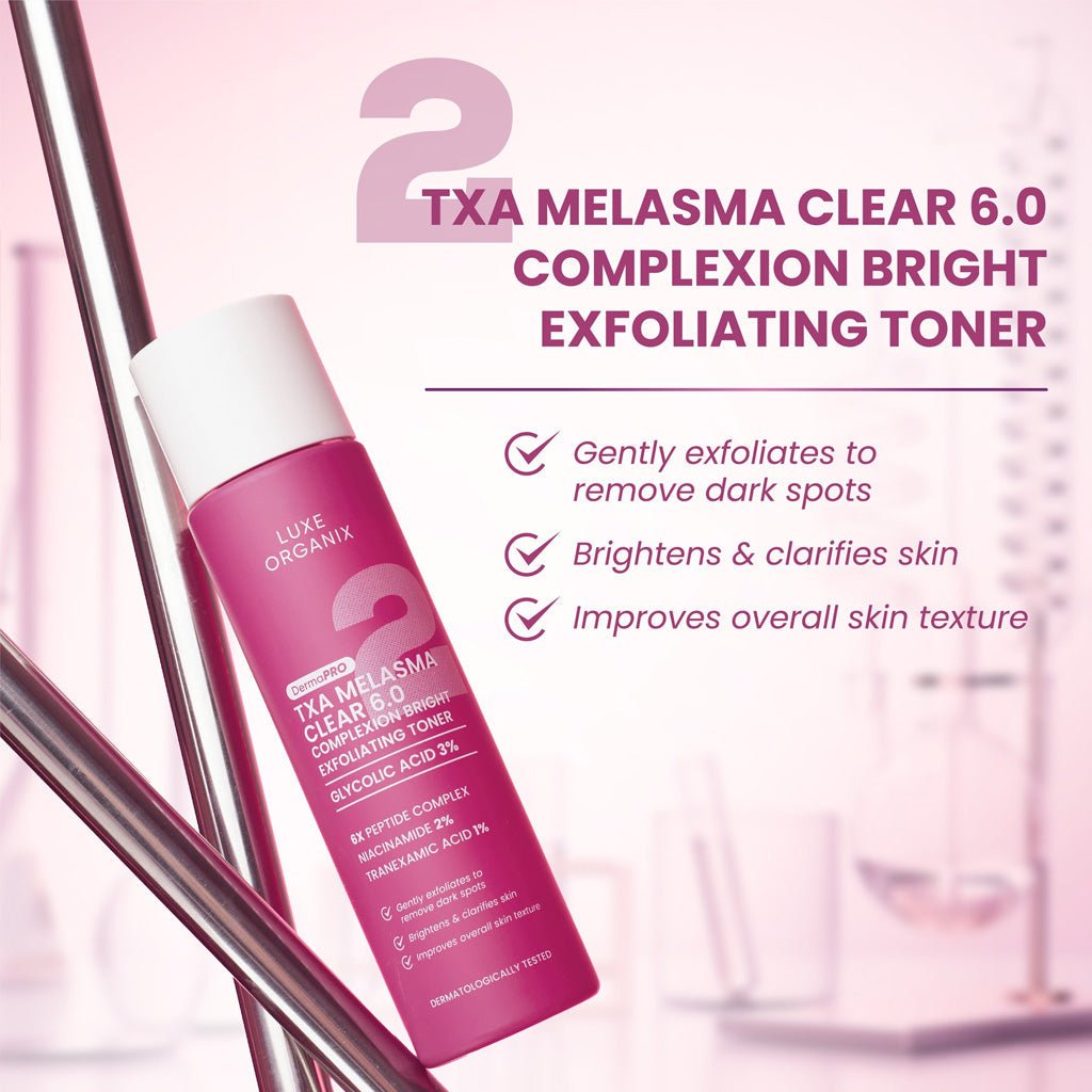 Luxe Organix Derma PRO TXA Melasma Clear 6.0 Complexion Bright Exfoliating Toner 150ml تونر مقشر ومفتح للبشرة من لوكس أورجانيكس ديرما برو تي إكس إيه لعلاج الكلف 6.0 - Princess Cosmetics Qatar