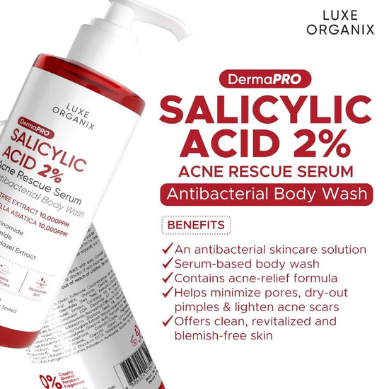 Luxe Organix Dermapro Salicylic Acid 2% Acne Rescue Serum Antibacterial Body Wash 500ml لوكس أورغانيكس ديرمابرو حمض الساليسيليك 2% سيروم إنقاذ لحب الشباب غسول جسم مضاد للبكتيريا - Princess Cosmetics Qatar