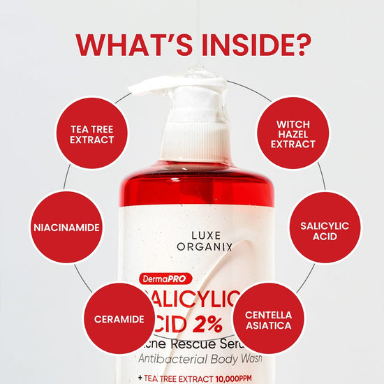 Luxe Organix Dermapro Salicylic Acid 2% Acne Rescue Serum Antibacterial Body Wash 500ml لوكس أورغانيكس ديرمابرو حمض الساليسيليك 2% سيروم إنقاذ لحب الشباب غسول جسم مضاد للبكتيريا - Princess Cosmetics Qatar
