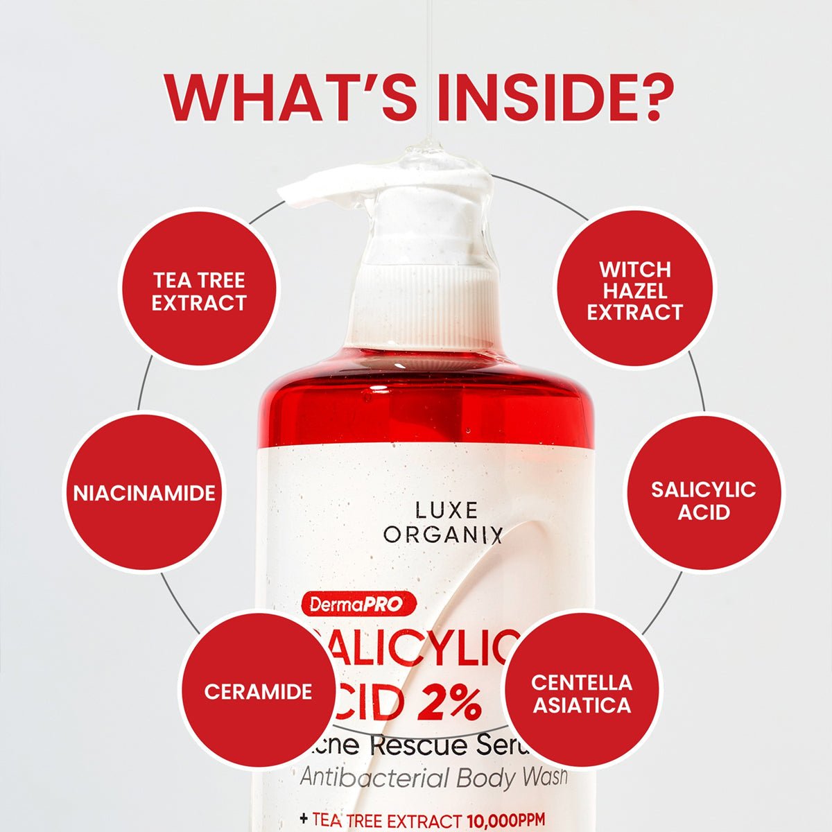 Luxe Organix Dermapro Salicylic Acid 2% Acne Rescue Serum Antibacterial Body Wash 500ml لوكس أورغانيكس ديرمابرو حمض الساليسيليك 2% سيروم إنقاذ لحب الشباب غسول جسم مضاد للبكتيريا - Princess Cosmetics Qatar