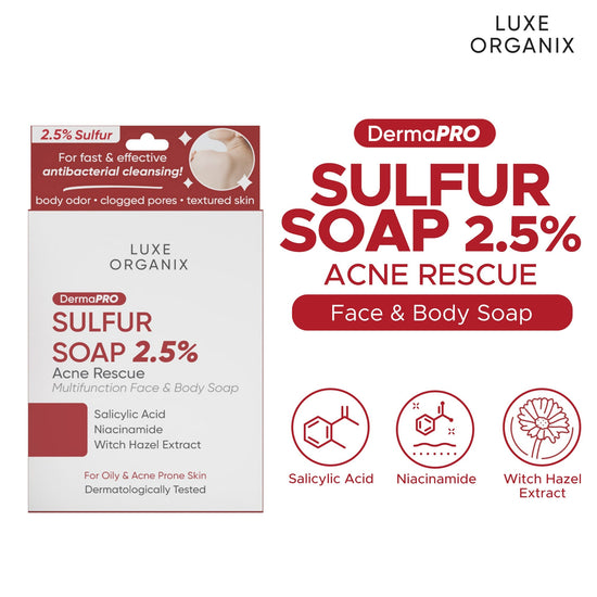 Luxe Organix DermaPRO Sulfur Soap 2.5% Acne Rescue Multifunction Face & Body Soap 80g صابون الكبريت لوكس أورجانيكس ديرما برو 2.5٪ صابون حب الشباب متعدد الوظائف للوجه والجسم - Princess Cosmetics Qatar