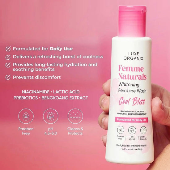 Luxe Organix Femme Naturals Whitening Feminine Wash 120ml غسول تبييض البشرة الطبيعي الفاخر من لوكس أورجانيكس فيم - Princess Cosmetics Qatar