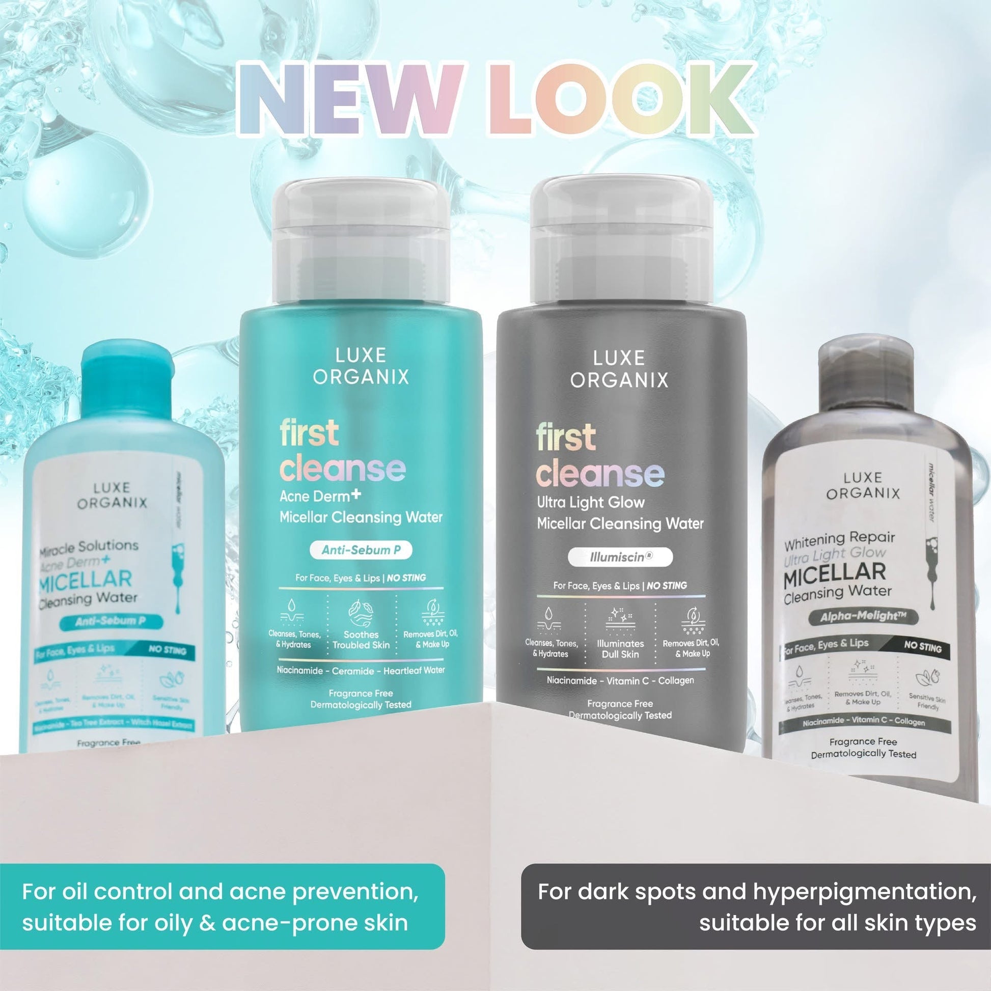 Luxe Organix First Cleanse Acne Derm+ Micellar Cleansing Water 300ml ماء التنظيف الميسيلار لوكس أورجانيكس فيرست كلينز لعلاج حب الشباب ديرم+ - Princess Cosmetics Qatar