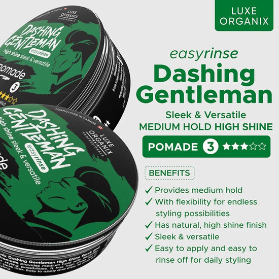 Luxe Organix Hair Professionals Dashing Gentleman High Shine Sleek and Versatile Pomade 80g لوكس أورغانيكس للشعر للمحترفين بوماد داشينغ جنتلمان لامع وناعم ومتعدد الاستخدامات - Princess Cosmetics Qatar