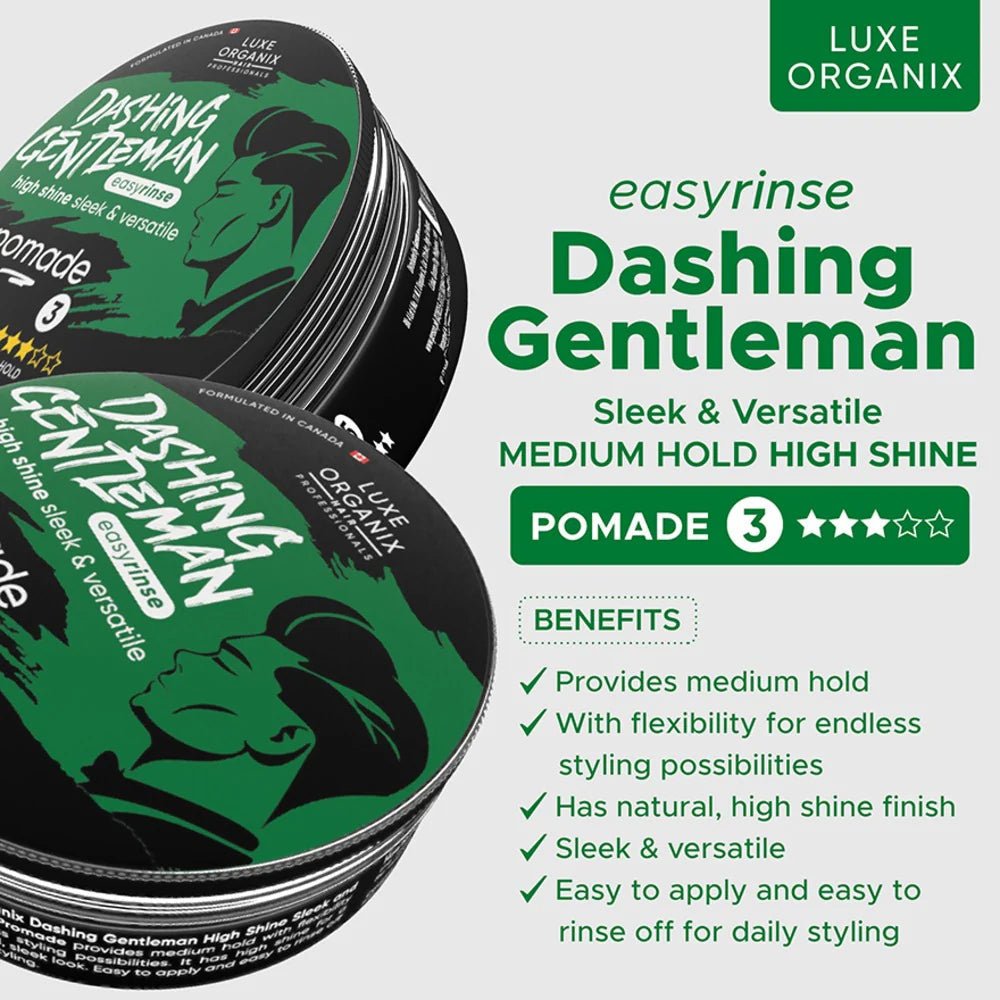 Luxe Organix Hair Professionals Dashing Gentleman High Shine Sleek and Versatile Pomade 80g لوكس أورغانيكس للشعر للمحترفين بوماد داشينغ جنتلمان لامع وناعم ومتعدد الاستخدامات - Princess Cosmetics Qatar