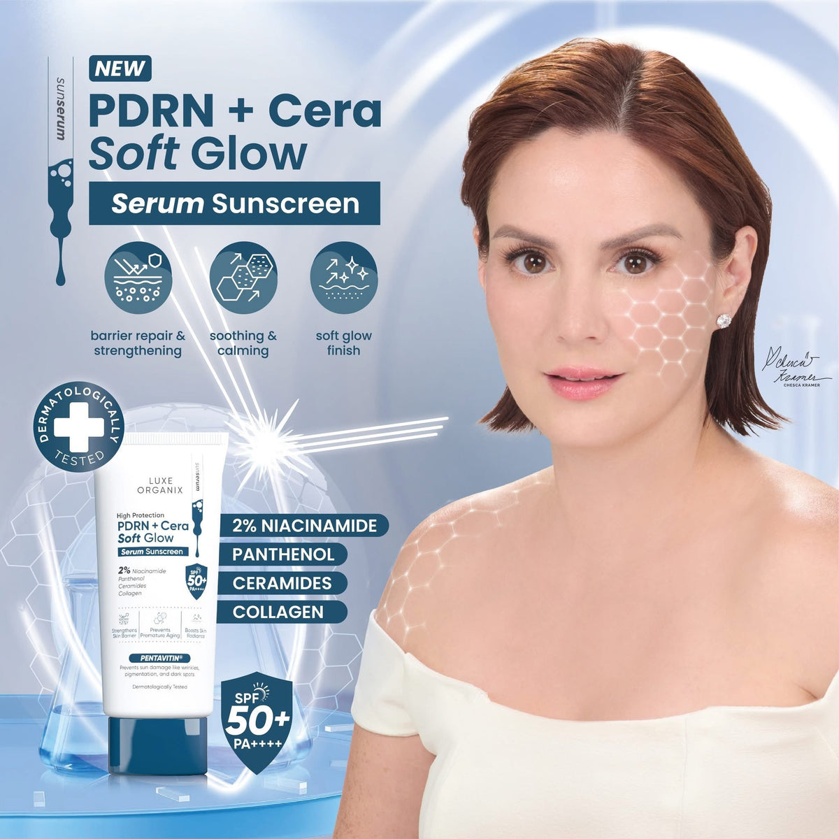 Luxe Organix High Protection Aqua PDRN Soft Glow Serum Sunscreen 40g واقي الشمس سيروم لوكس أورجانيكس عالي الحماية أكوا PDRN لتفتيح البشرة - Princess Cosmetics Qatar