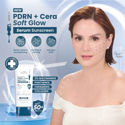 Luxe Organix High Protection Aqua PDRN Soft Glow Serum Sunscreen 40g واقي الشمس سيروم لوكس أورجانيكس عالي الحماية أكوا PDRN لتفتيح البشرة - Princess Cosmetics Qatar