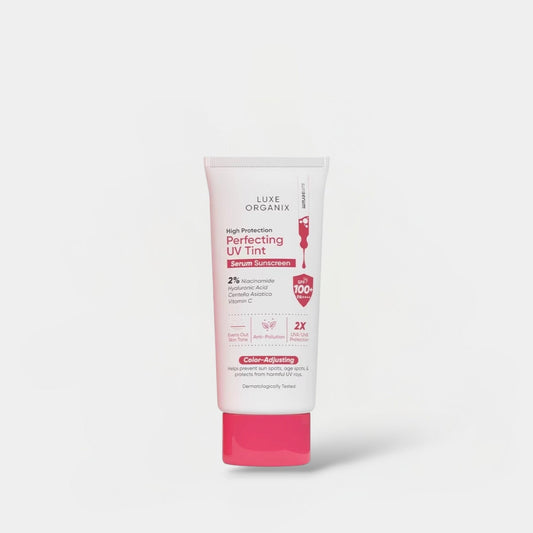 Luxe Organix High Protection Perfecting UV Tint Serum Sunscreen SPF 50 PA +++ 40g سيروم لوكس أورجانيكس عالي الحماية من الأشعة فوق البنفسجية وواقي الشمس - Princess Cosmetics Qatar