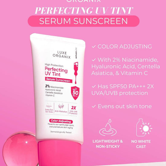 Luxe Organix High Protection Perfecting UV Tint Serum Sunscreen SPF 50 PA +++ 40g سيروم لوكس أورجانيكس عالي الحماية من الأشعة فوق البنفسجية وواقي الشمس - Princess Cosmetics Qatar