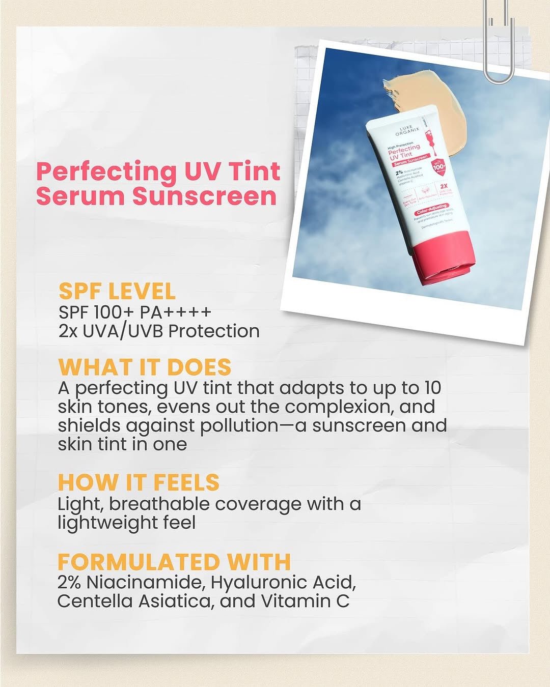 Luxe Organix High Protection Perfecting UV Tint Serum Sunscreen SPF100 PA ++++ 40g سيروم لوكس أورجانيكس عالي الحماية من الأشعة فوق البنفسجية وواقي الشمس - Princess Cosmetics Qatar