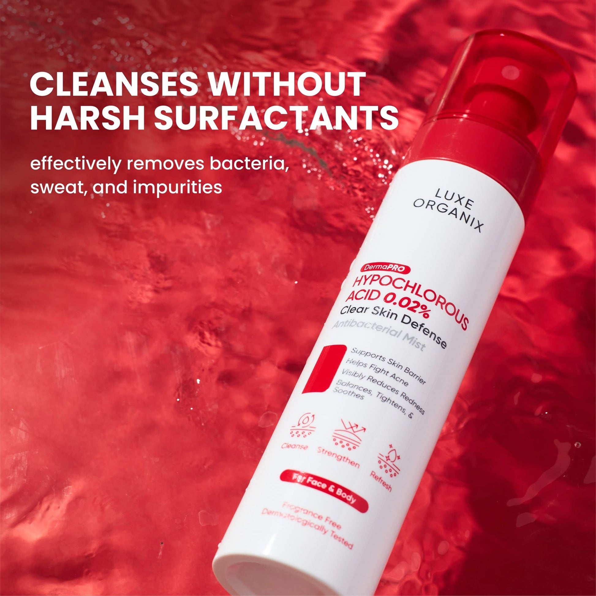 Luxe Organix Hypochlorous Acid 0.02% Clear Skin Defense Antibacterial Mist 100ml بخاخ لوكس أورجانيكس المضاد للبكتيريا بحمض الهيبوكلوروس 0.02%، 100 مل - Princess Cosmetics Qatar