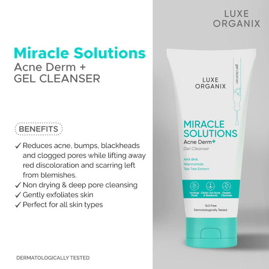 Luxe Organix Miracle Solutions Acne Derm+ Gel Cleanser 150ml جل منظف لوكس أورجانيكس ميراكل سوليوشنز لعلاج حب الشباب - Princess Cosmetics Qatar