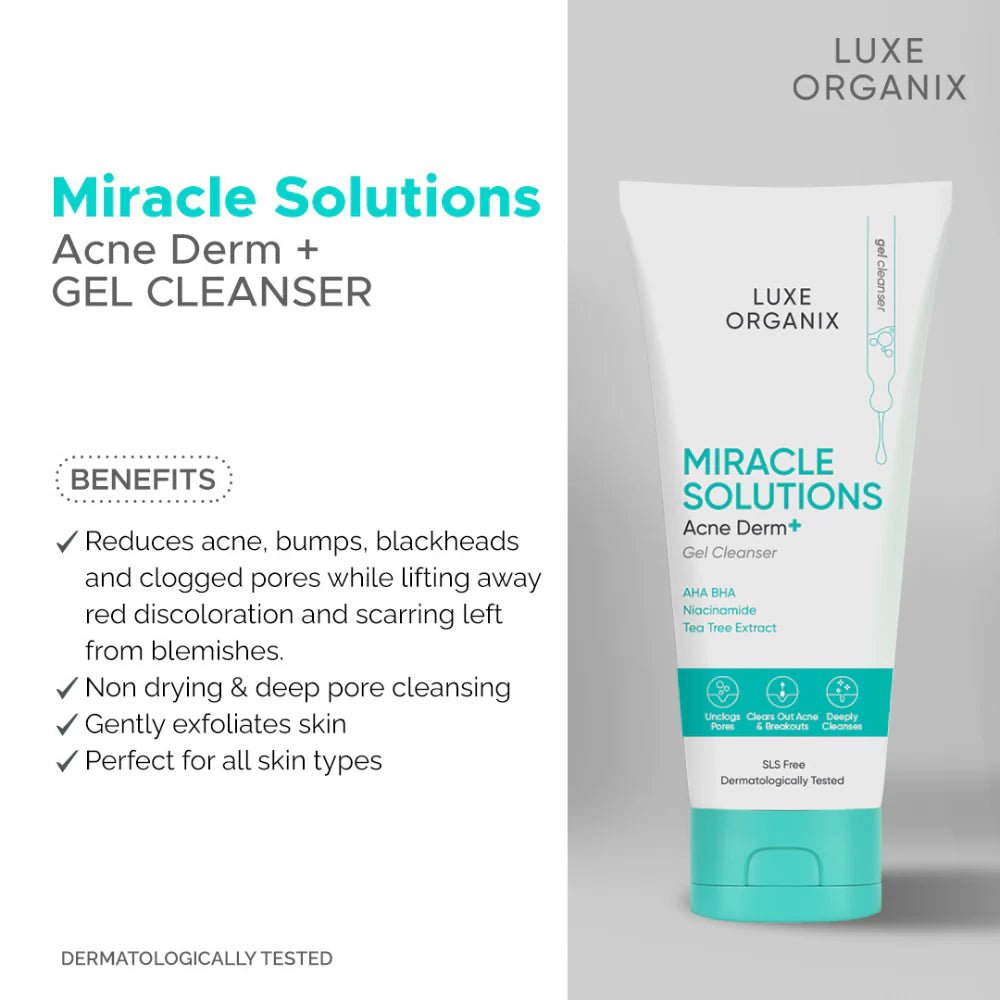 Luxe Organix Miracle Solutions Acne Derm+ Gel Cleanser 150ml جل منظف لوكس أورجانيكس ميراكل سوليوشنز لعلاج حب الشباب - Princess Cosmetics Qatar