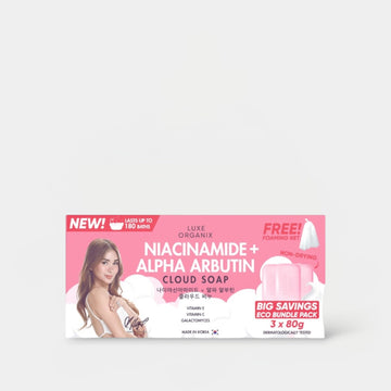 Luxe Organix Niacinamide + Alpha Arbutin Cloud Soap Eco Bundle Pack (80g x 3pcs) لوكس أورجانيكس نياسيناميد + حزمة حزمة الصابون السحابي ألفا أربوتين - Princess Cosmetics Qatar