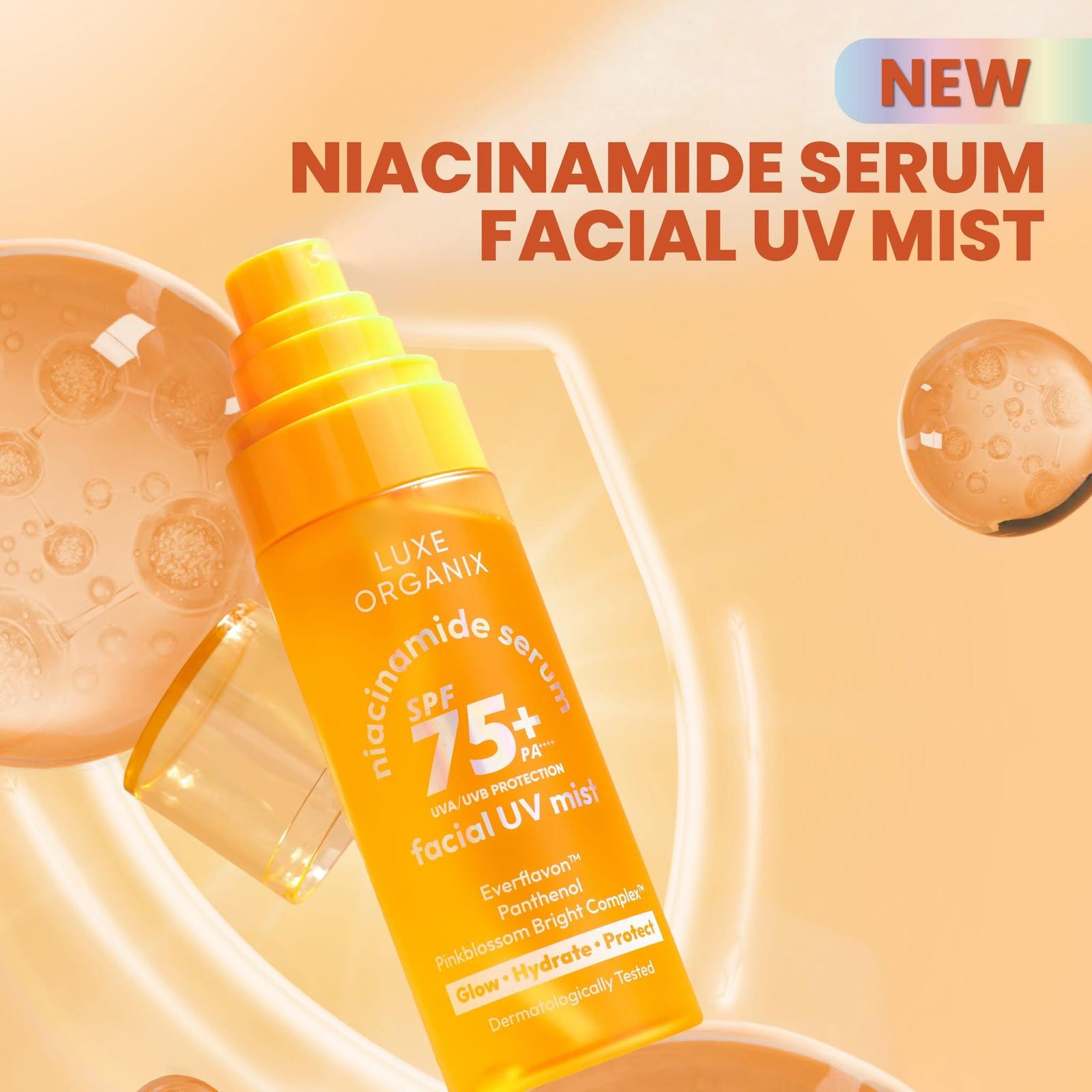 Luxe Organix Niacinamide Serum Facial UV Mist 80ml لوكس أورجانيكس نياسيناميد مصل الوجه بالأشعة فوق البنفسجية - Princess Cosmetics Qatar