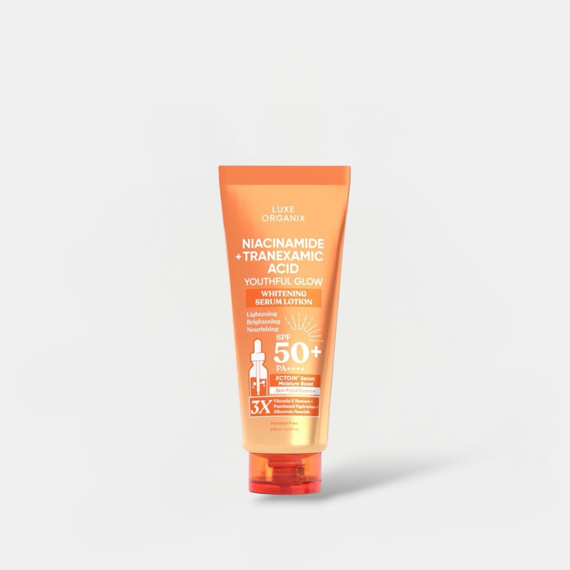 Luxe Organix Niacinamide + Tranexamic Acid Youthful Glow Whitening Serum Lotion SPF50 PA++++ 200ml لوكس أورغانيكس نياكيناميد + حمض الترانيكساميك لوشن سيروم لتفتيح البشرة وإشراقتها الشبابية - Princess Cosmetics Qatar