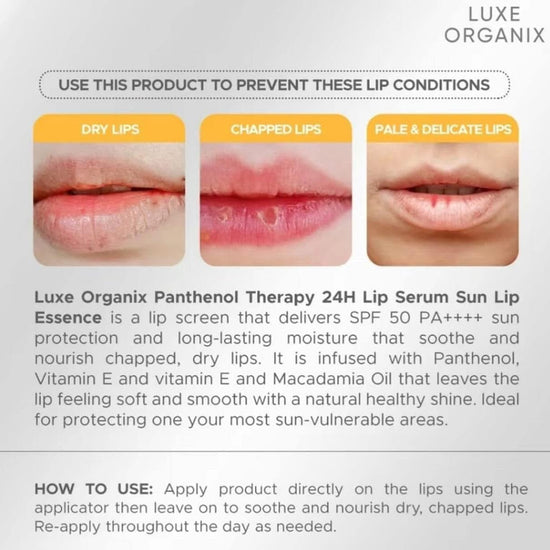 Luxe Organix Panthenol Therapy 24H Lipscreen Sun Lip Essence SPF 50 PA++++ 10g مرطب شفاه لوكس أورجانيكس بانثينول ثيرابي 24 ساعة من كريم أساس واقي من الشمس - Princess Cosmetics Qatar