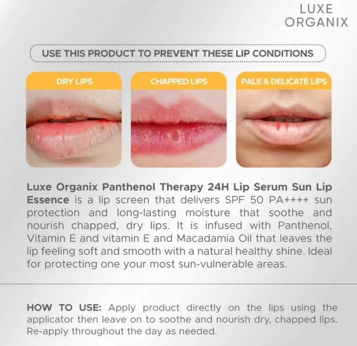 Luxe Organix Panthenol Therapy 24H Lipscreen Sun Lip Essence SPF 50 PA++++ 10g مرطب شفاه لوكس أورجانيكس بانثينول ثيرابي 24 ساعة من كريم أساس واقي من الشمس - Princess Cosmetics Qatar