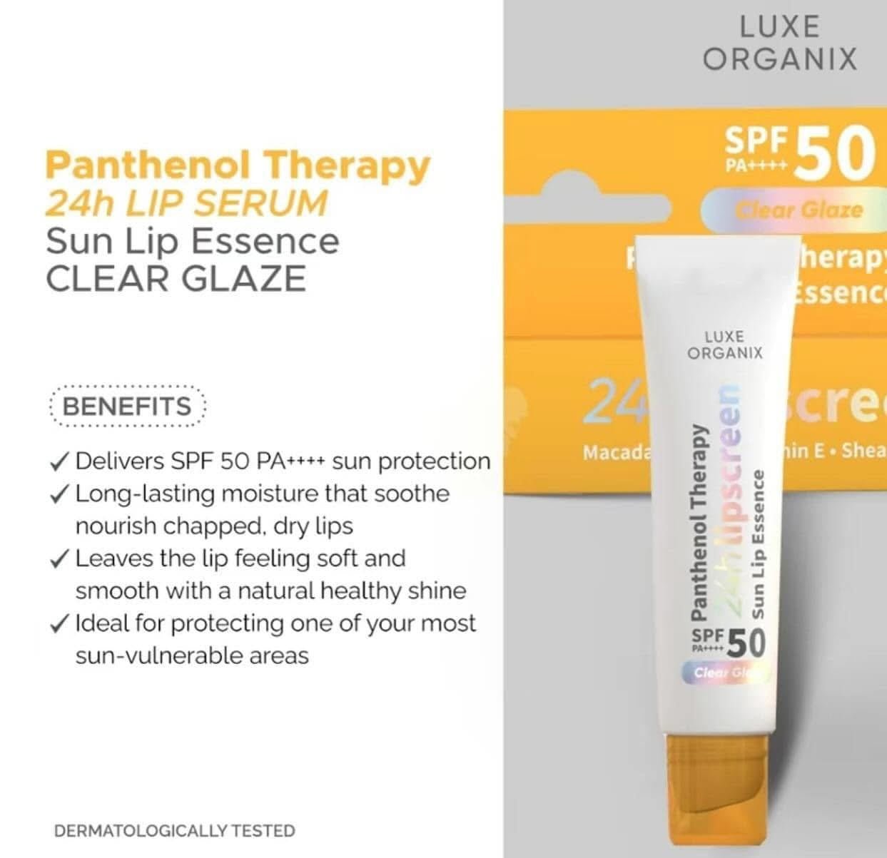 Luxe Organix Panthenol Therapy 24H Lipscreen Sun Lip Essence SPF 50 PA++++ 10g مرطب شفاه لوكس أورجانيكس بانثينول ثيرابي 24 ساعة من كريم أساس واقي من الشمس - Princess Cosmetics Qatar