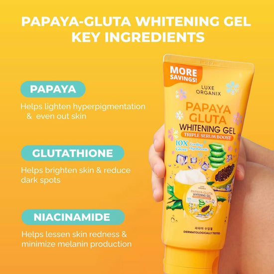 Luxe Organix Papaya Gluta Whitening Gel Triple Serum Boost 300ml جل التبييض لوكس أورجانيكس بالبابايا جلوتا سيروم معزز ثلاثي - Princess Cosmetics Qatar