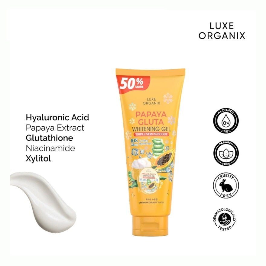 Luxe Organix Papaya Gluta Whitening Gel Triple Serum Boost 300ml لوكس أورجانيكس بابايا جلوتا جل تفتيح ثلاثي السيروم 300 مل - Princess Cosmetics Qatar