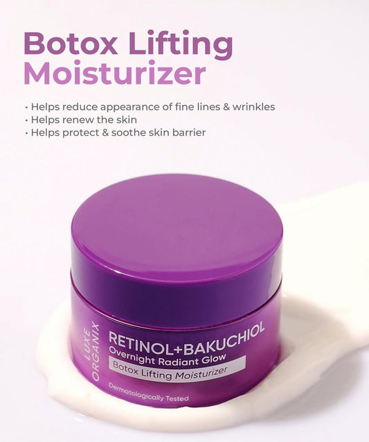 Luxe Organix Retinol + Bakuchiol Overnight Radiant Glow Botox Lifting Moisturizer 50g مرطب لوكس أورجانيكس ريتينول + باكوتشيول الليلي المتألق مع البوتوكس لرفع البشرة - Princess Cosmetics Qatar