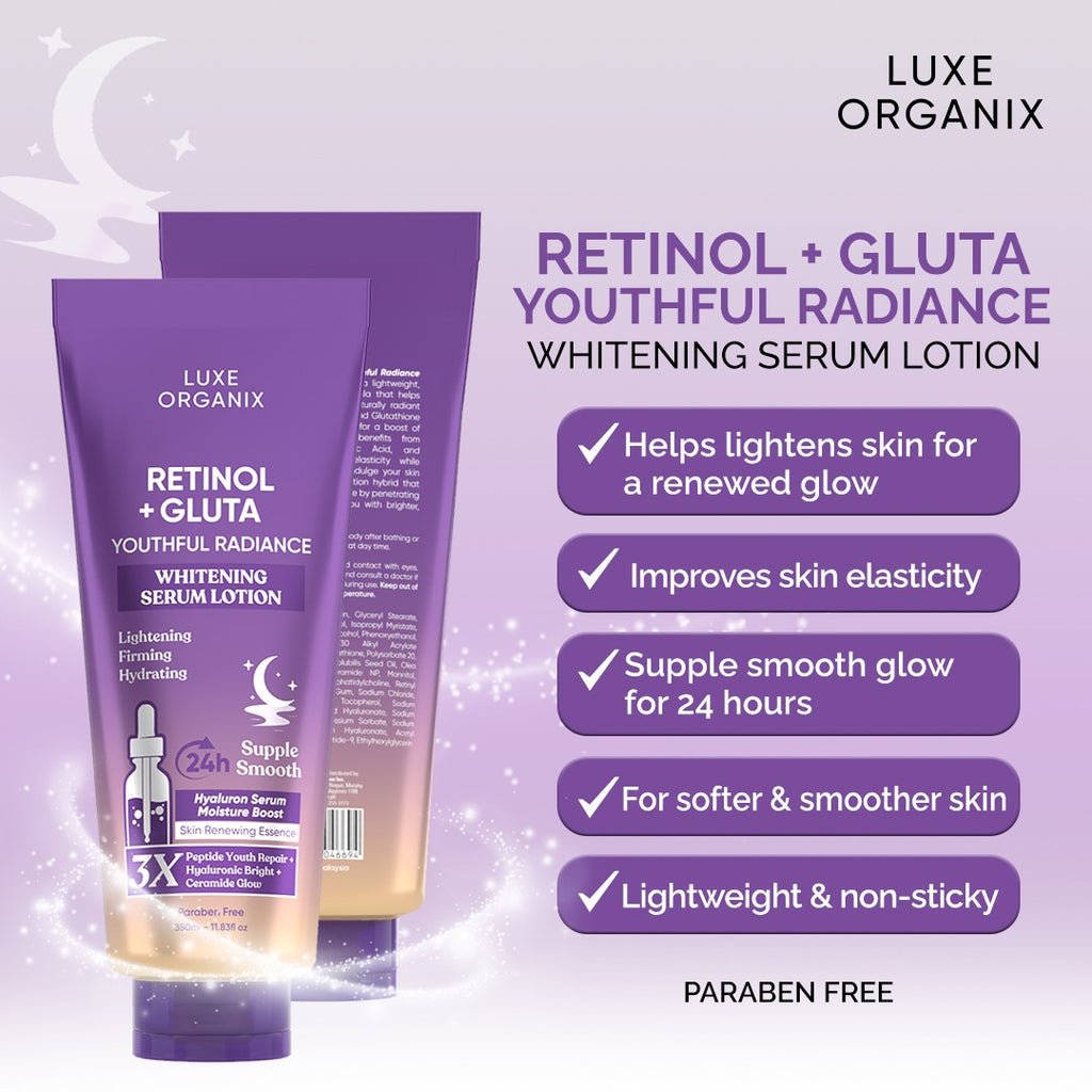 Luxe Organix Retinol + Gluta Whitening Serum Lotion 350ml Princess Cosmetics Qatar Luxe Organix Retinol + Gluta Whitening Serum Lotion 350ml Princess Cosmetics Qatar