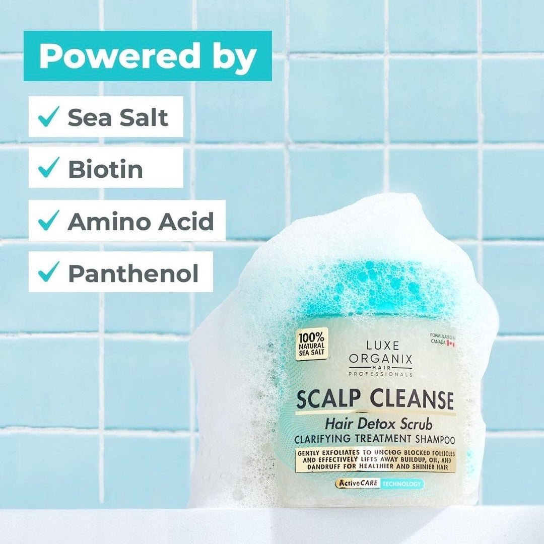Luxe Organix Scalp Cleanse Hair Detox Scrub Clarifying Treatment Shampoo 200ml شامبو لوكس أورجانيكس لتنظيف فروة الرأس وإزالة السموم من الشعر وتنقيته - Princess Cosmetics Qatar