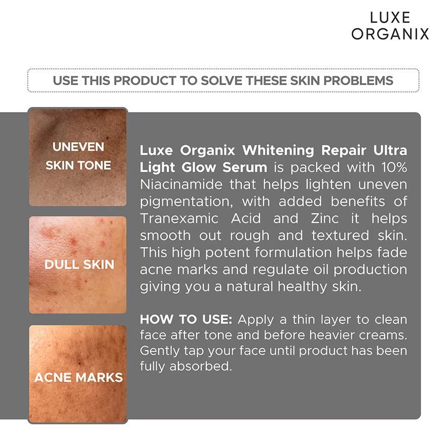 Luxe Organix Whitening Repair Ultra Light Glow Serum 30ml سيروم لوكس أورجانيكس لإصلاح وتبييض البشرة فائق الإشراق - Princess Cosmetics Qatar