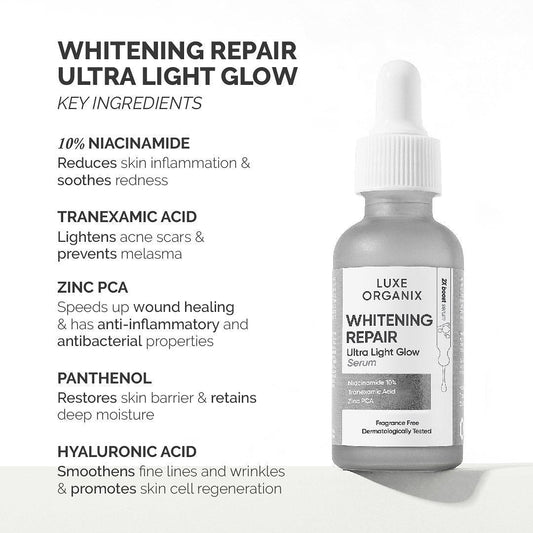 Luxe Organix Whitening Repair Ultra Light Glow Serum 30ml سيروم لوكس أورجانيكس لإصلاح وتبييض البشرة فائق الإشراق - Princess Cosmetics Qatar