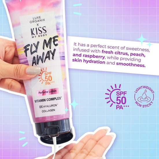 Luxe Organix X Kiss My Body Fly Me Away Perfume Lotion Spf 50 Pa+++ 200g لوكس أورجانيكس إكس كيس ماي بودي فلاي مي أواي لوشن عطر SPF 50 باسكال+++ 200 جم - Princess Cosmetics Qatar