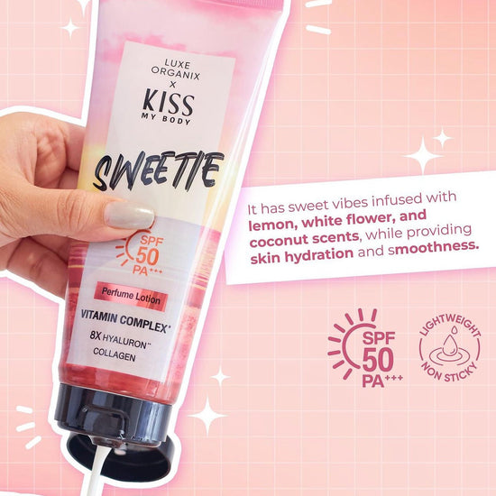 Luxe Organix X Kiss My Body Sweetie Perfume Lotion Spf 50 Pa+++ 200g لوكس أورجانيكس إكس كيس ماي بودي سويتي لوشن عطري SPF 50 باسكال+++ 200 جم - Princess Cosmetics Qatar