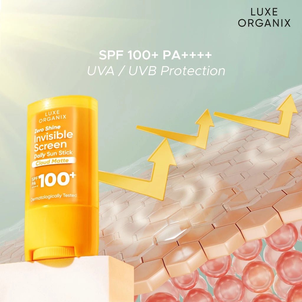 Luxe Organix Zero Shine Invisible Screen Daily Sun Stick 20g واقي شمس لوكس أورجانيكس زيرو شاين غير مرئي للاستخدام اليومي - Princess Cosmetics Qatar