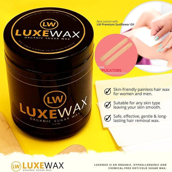 Luxewax Organic Sugar Wax 350g (Strips + Wooden Applicator) شمع السكر العضوي من لوكسواكس (شرائح + أداة تطبيق خشبية) - Princess Cosmetics Qatar